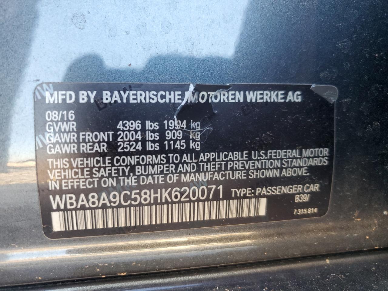 2017 BMW 3er VIN WBA8A9C58HK620071 Copart auction photo, front end / side damage thumbnail 14