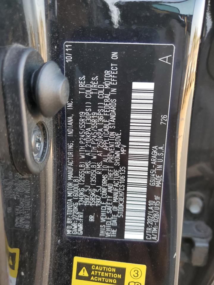2012 Toyota Highlander VIN 5TDDK3EH7CS106135 Copart auction photo, front end damage thumbnail 13