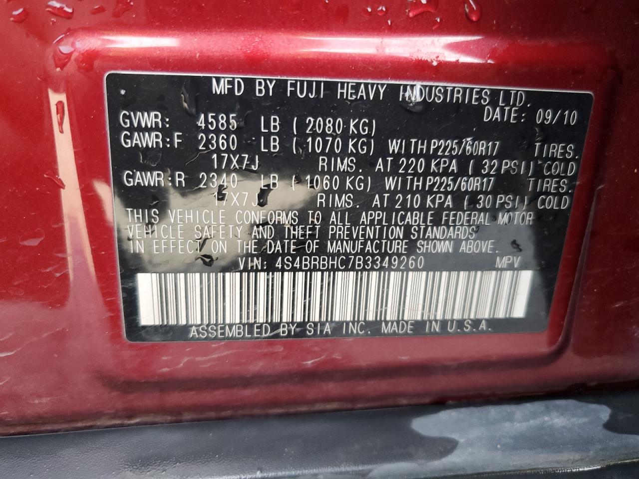 2011 Subaru Outback VIN 4S4BRBHC7B3349260 Copart auction photo, rear end damage thumbnail 13