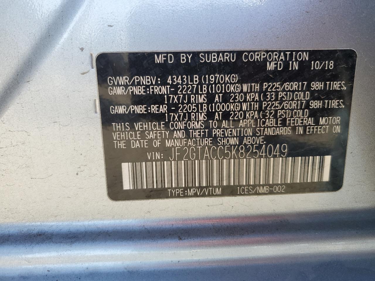 2019 Subaru XV VIN JF2GTACC5K8254049 Copart auction photo, front end / side damage thumbnail 14