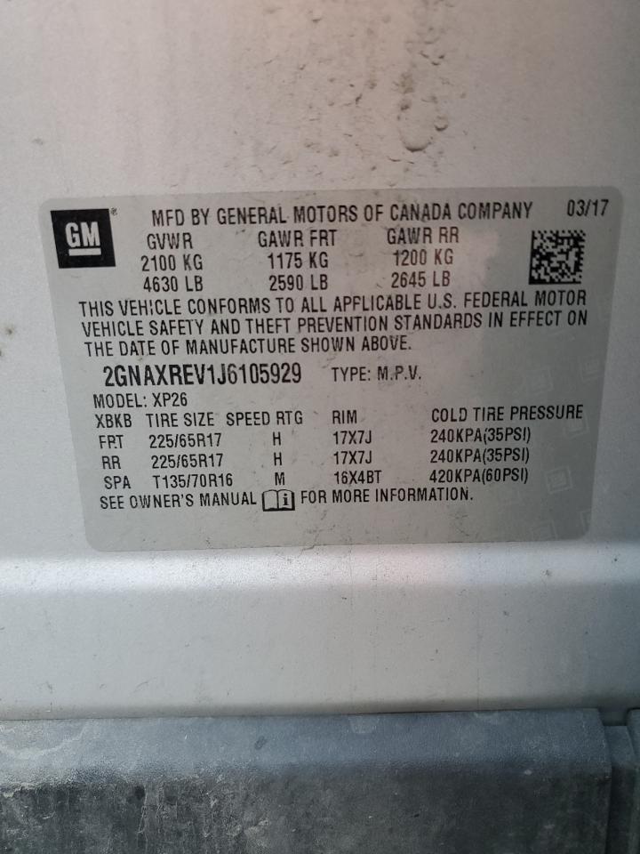 2018 Chevrolet Equinox VIN 2GNAXREV1J6105929 Copart auction photo, all over / mechanical damage thumbnail 15