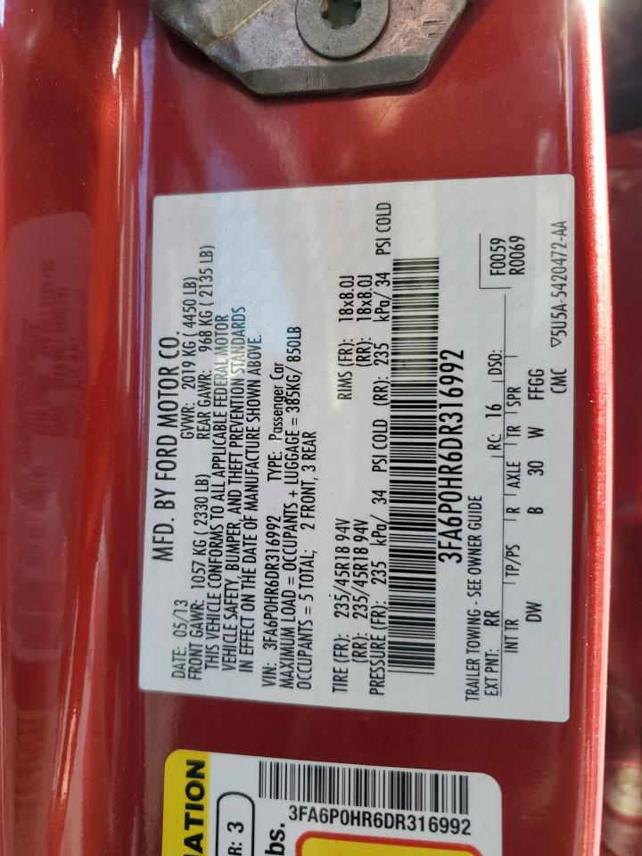 2013 Ford Fusion VIN 3FA6P0HR6DR316992 Copart auction photo, front end damage thumbnail 12