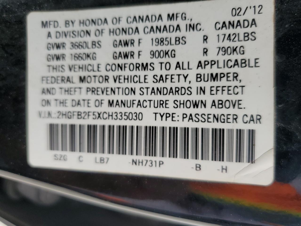2012 Honda Civic VIN 2HGFB2F5XCH335030 Copart auction photo, front end / minor dent/scratches damage thumbnail 12