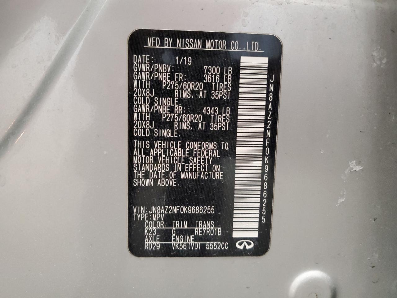 2019 Infiniti QX80 VIN JN8AZ2NF0K9686255 Copart auction photo, rear end damage thumbnail 13
