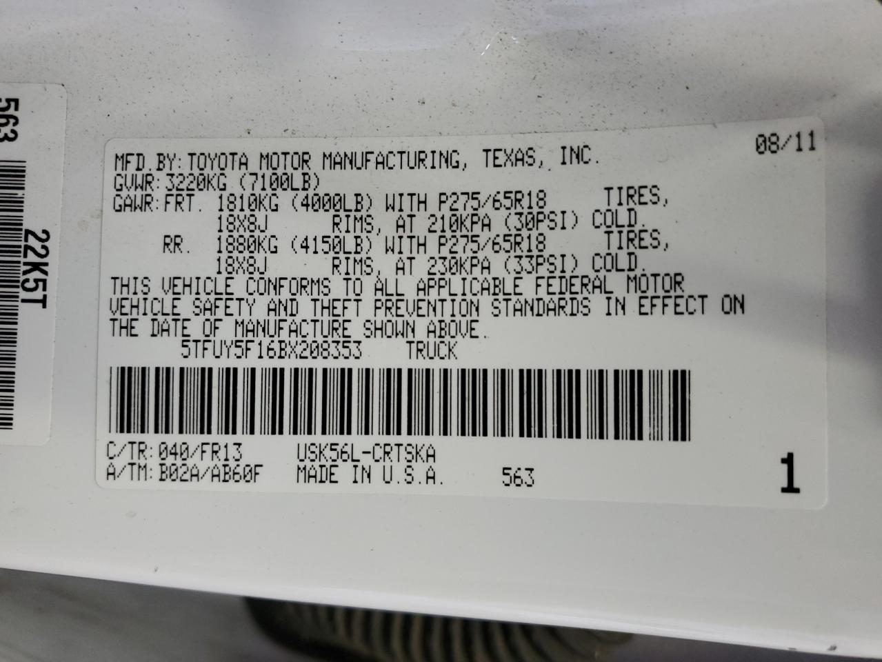 2011 Toyota Tundra VIN 5TFUY5F16BX208353 Copart auction photo, front end / rear end damage thumbnail 13