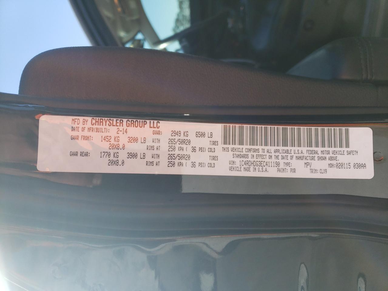 2014 Dodge Durango VIN 1C4RDHDG3EC411190 Copart auction photo, mechanical / minor dent/scratches damage thumbnail 14