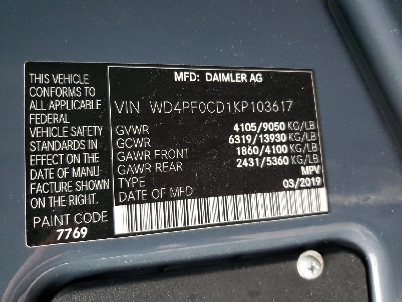 2019 Mercedes-Benz Sprinter VIN WD4PF0CD1KP103617 Copart auction photo, side / top/roof damage thumbnail 13