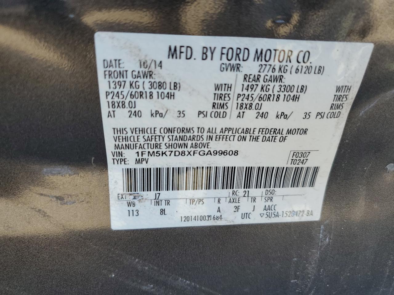 2015 Ford Explorer VIN 1FM5K7D8XFGA99608 Copart auction photo, all over damage thumbnail 16