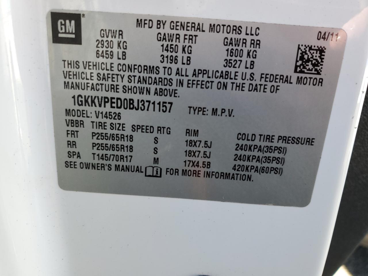 2011 GMC Acadia VIN 1GKKVPED0BJ371157 Copart auction photo, front end damage thumbnail 13