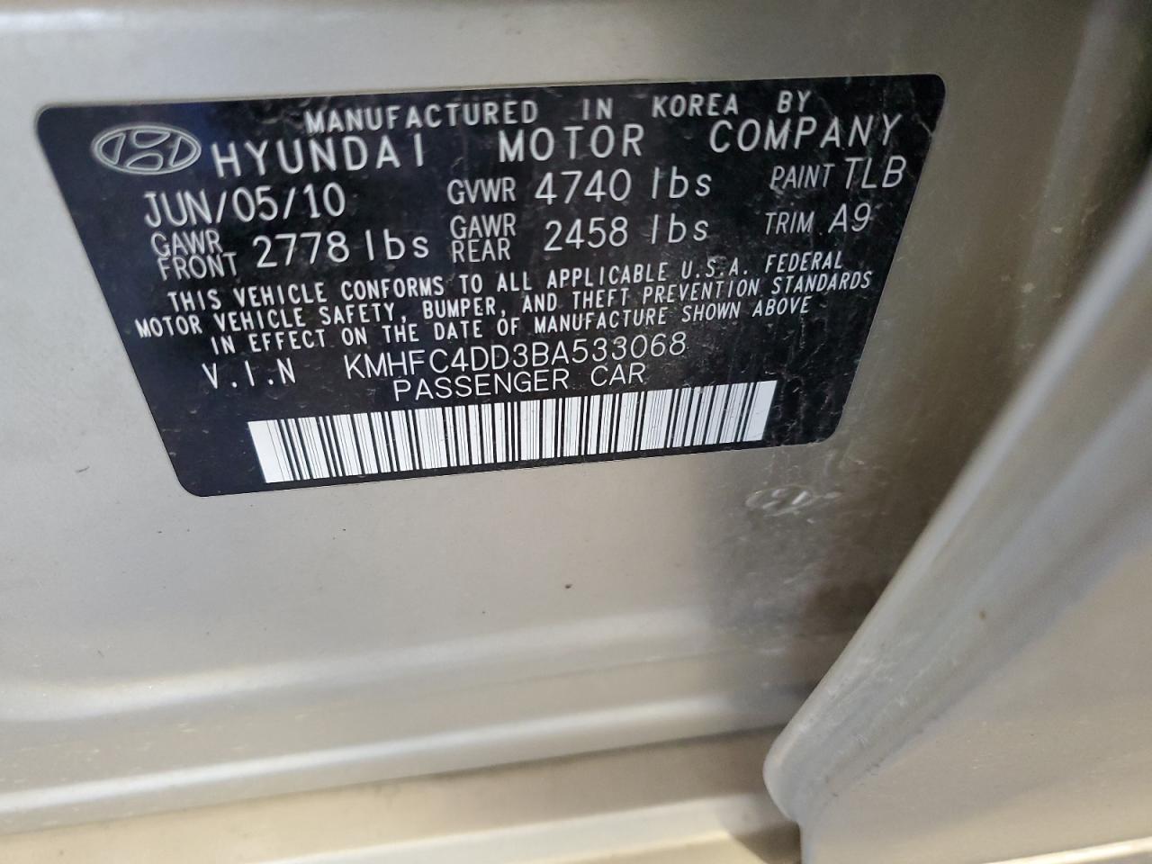2011 Hyundai Azera VIN KMHFC4DD3BA533068 Copart auction photo, front end / minor dent/scratches damage thumbnail 12