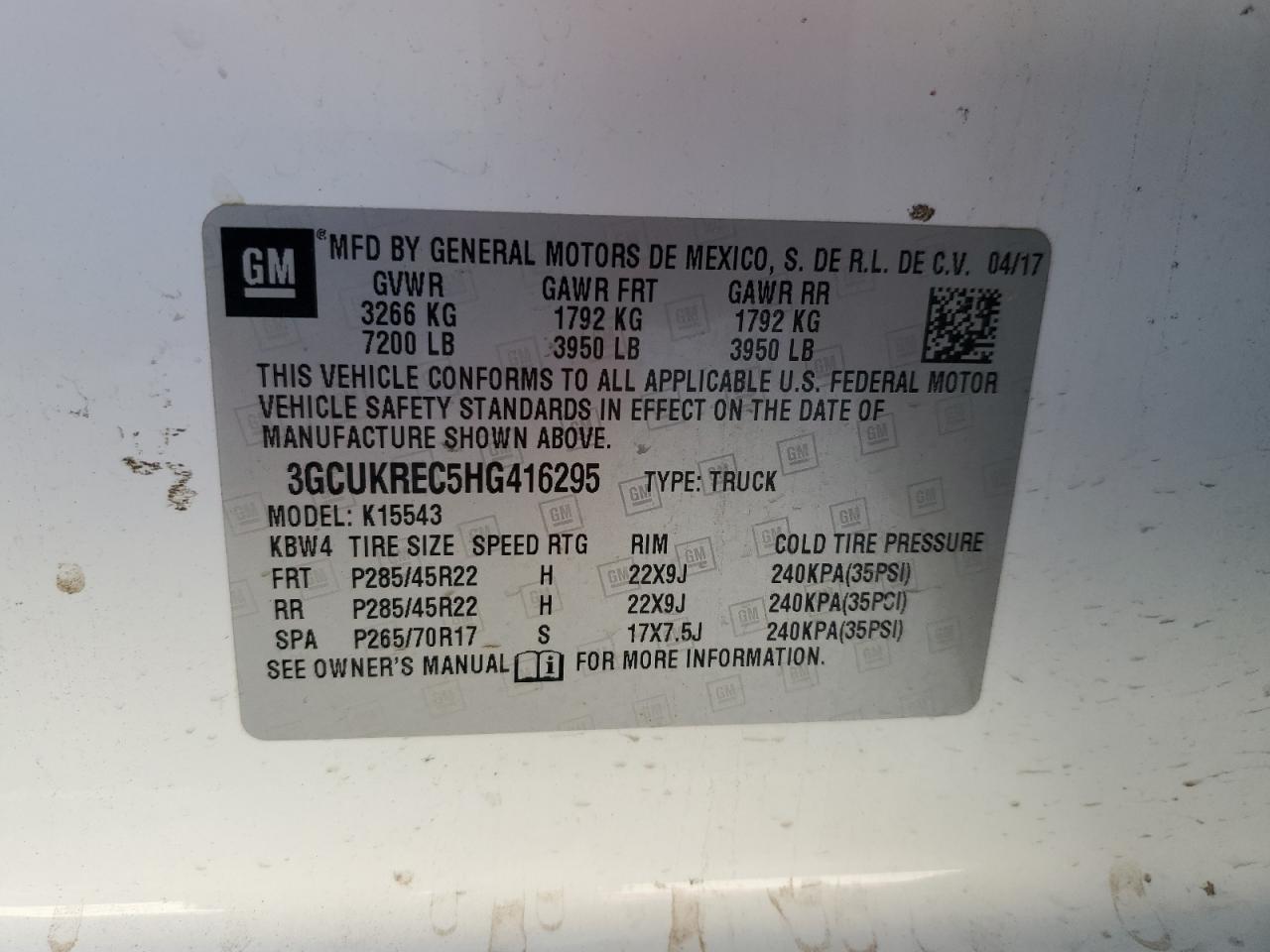 2017 Chevrolet Silverado VIN 3GCUKREC5HG416295 Copart auction photo, front end / side damage thumbnail 14