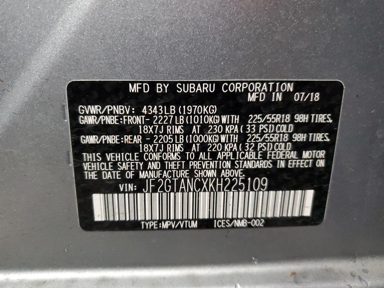 2019 Subaru XV VIN JF2GTANCXKH225109 Copart auction photo, front end damage thumbnail 15