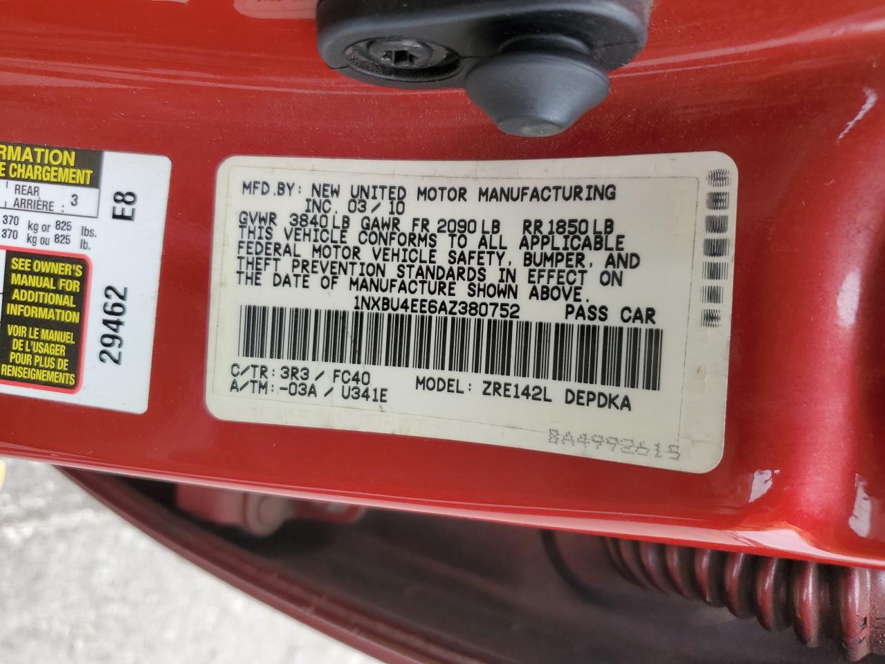 2010 Toyota Corolla VIN 1NXBU4EE6AZ380752 Copart auction photo, front end damage thumbnail 12