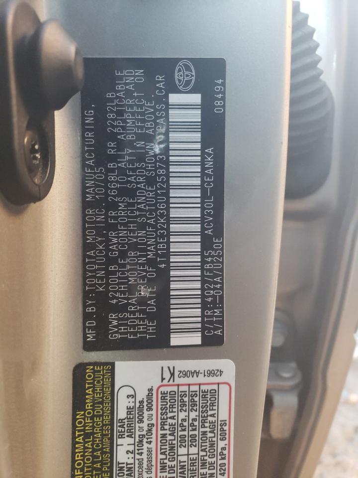 2006 Toyota Camry VIN 4T1BE32K36U125873 Copart auction photo, rear end damage thumbnail 12