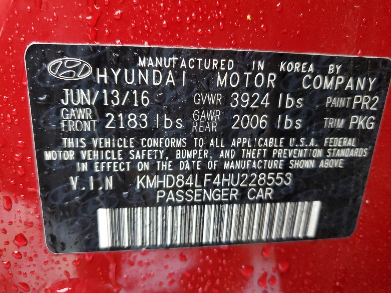 2017 Hyundai Elantra VIN KMHD84LF4HU228553 Copart auction photo, front end / rear end damage thumbnail 13