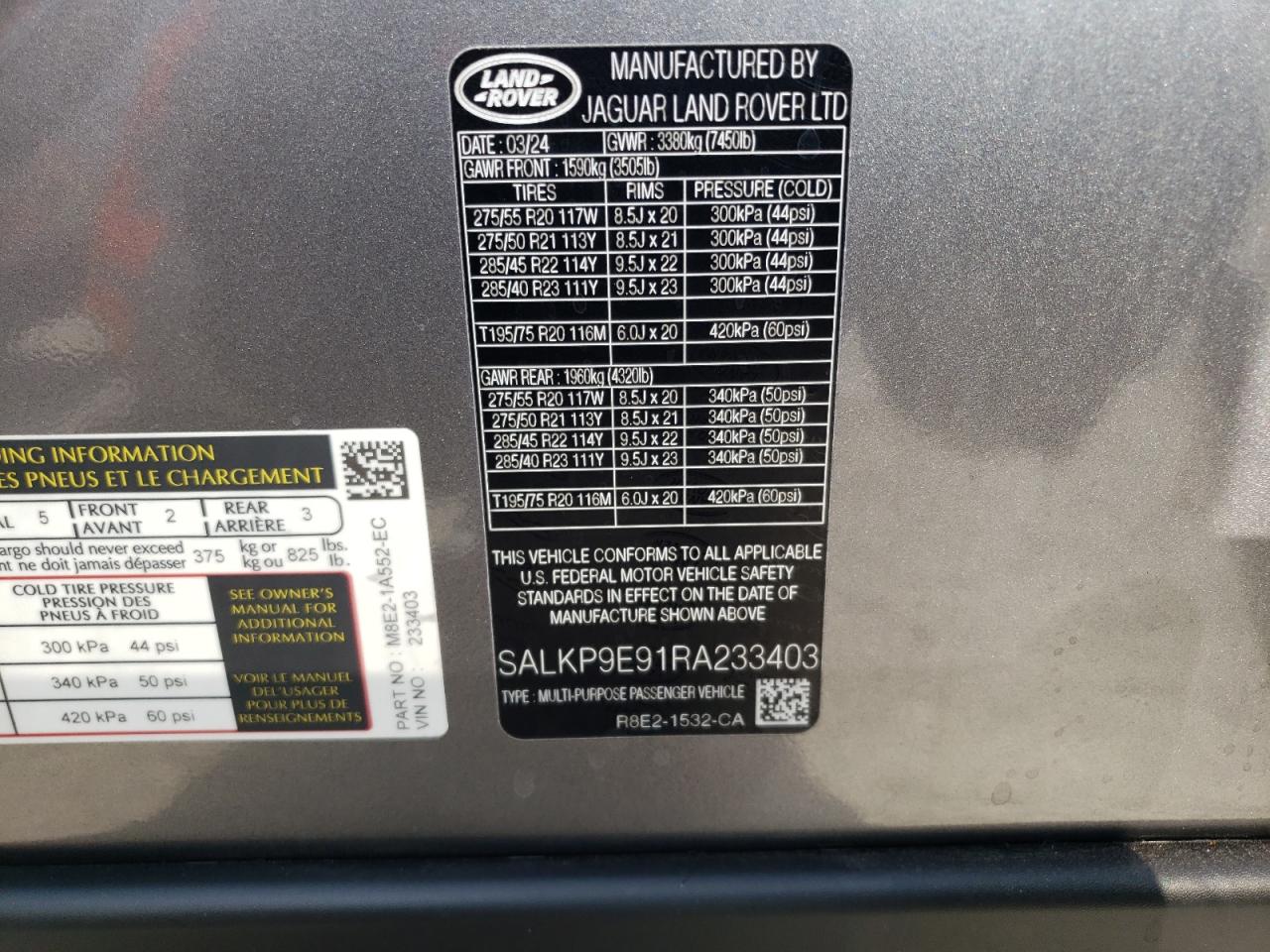 2024 Land Rover Range Rover VIN SALKP9E91RA233403 Copart auction photo, front end damage thumbnail 14