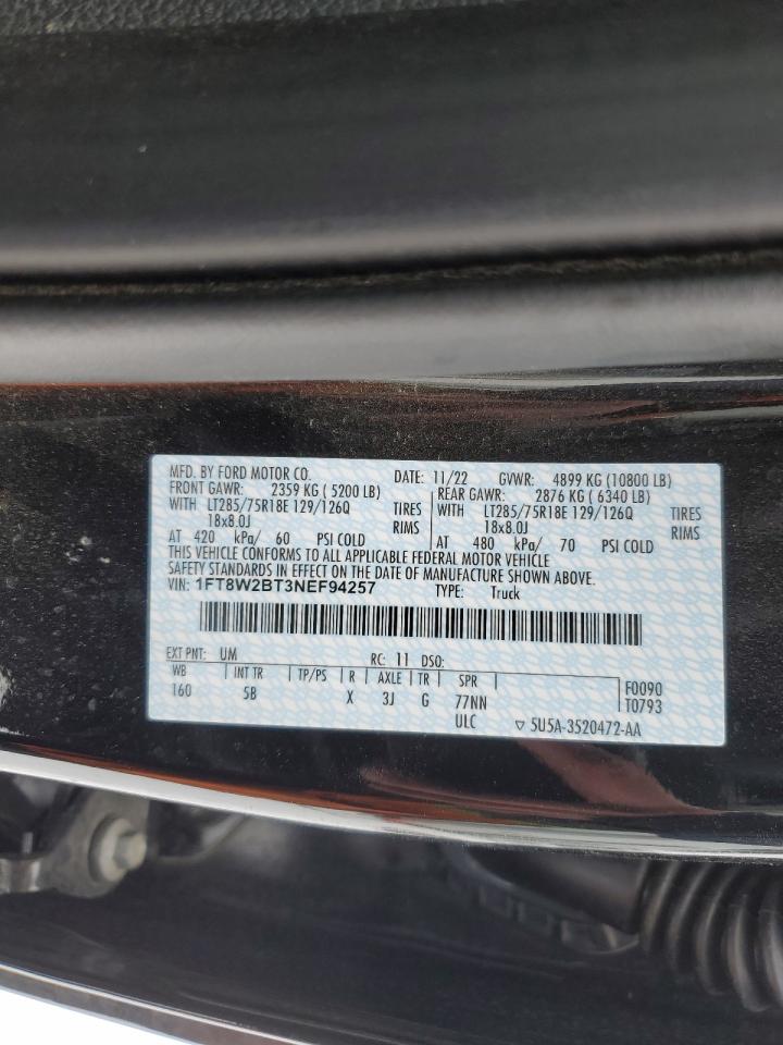 2022 Ford F250 VIN 1FT8W2BT3NEF94257 Copart auction photo, front end / rear end damage thumbnail 12