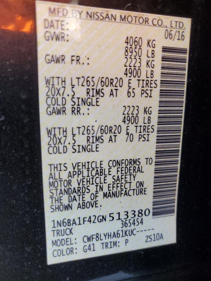 2016 Nissan Titan VIN 1N6BA1F42GN513380 Copart auction photo, burn damage thumbnail 12