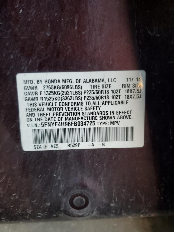 2015 Honda Pilot VIN 5FNYF4H96FB034725 Copart auction photo, front end / side damage thumbnail 13