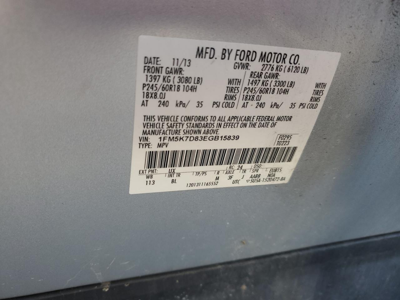 2014 Ford Explorer VIN 1FM5K7D83EGB15839 Copart auction photo, front end / undercarriage damage thumbnail 14
