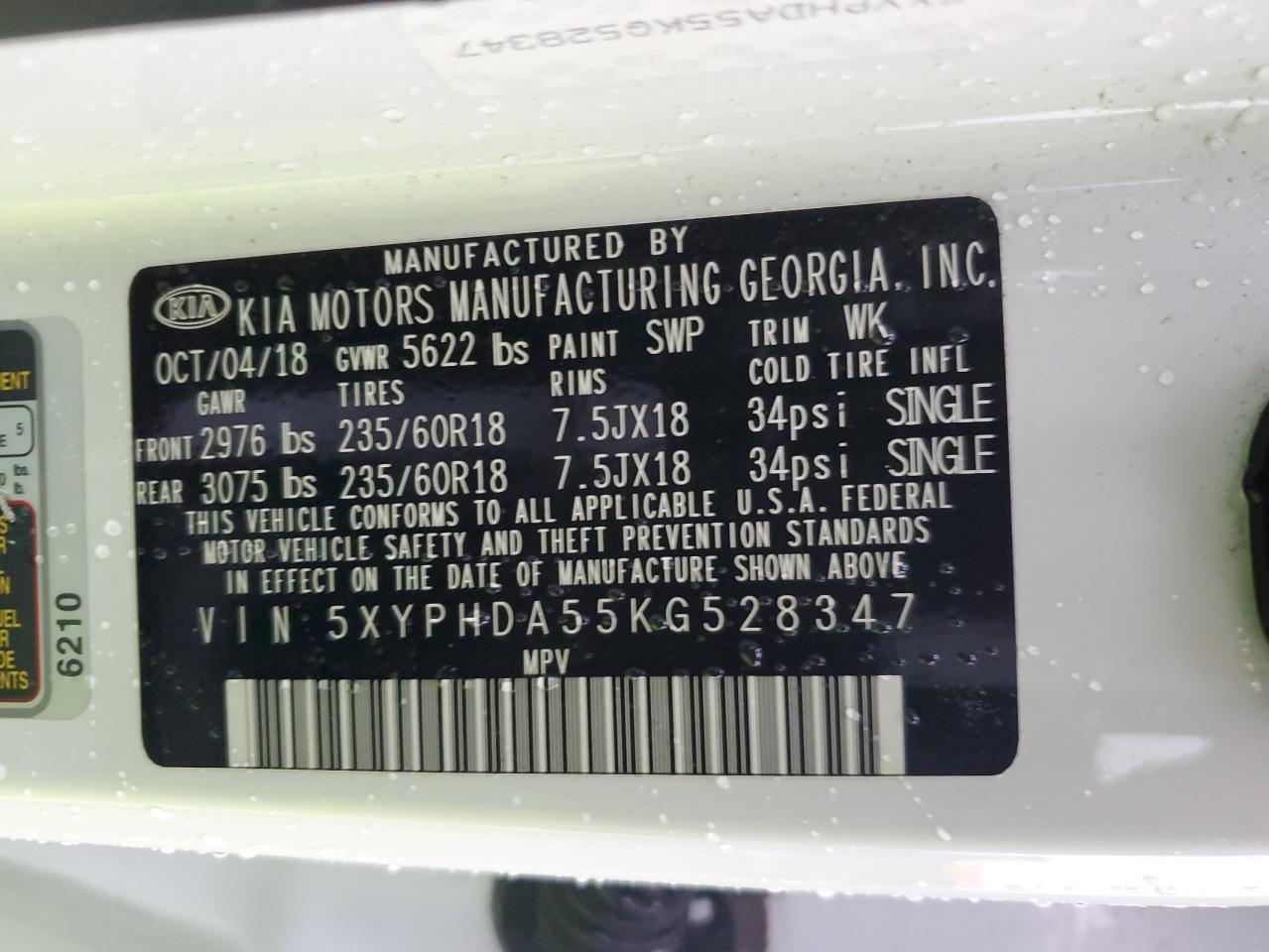 2019 KIA Sorento VIN 5XYPHDA55KG528347 Copart auction photo, front end / minor dent/scratches damage thumbnail 13