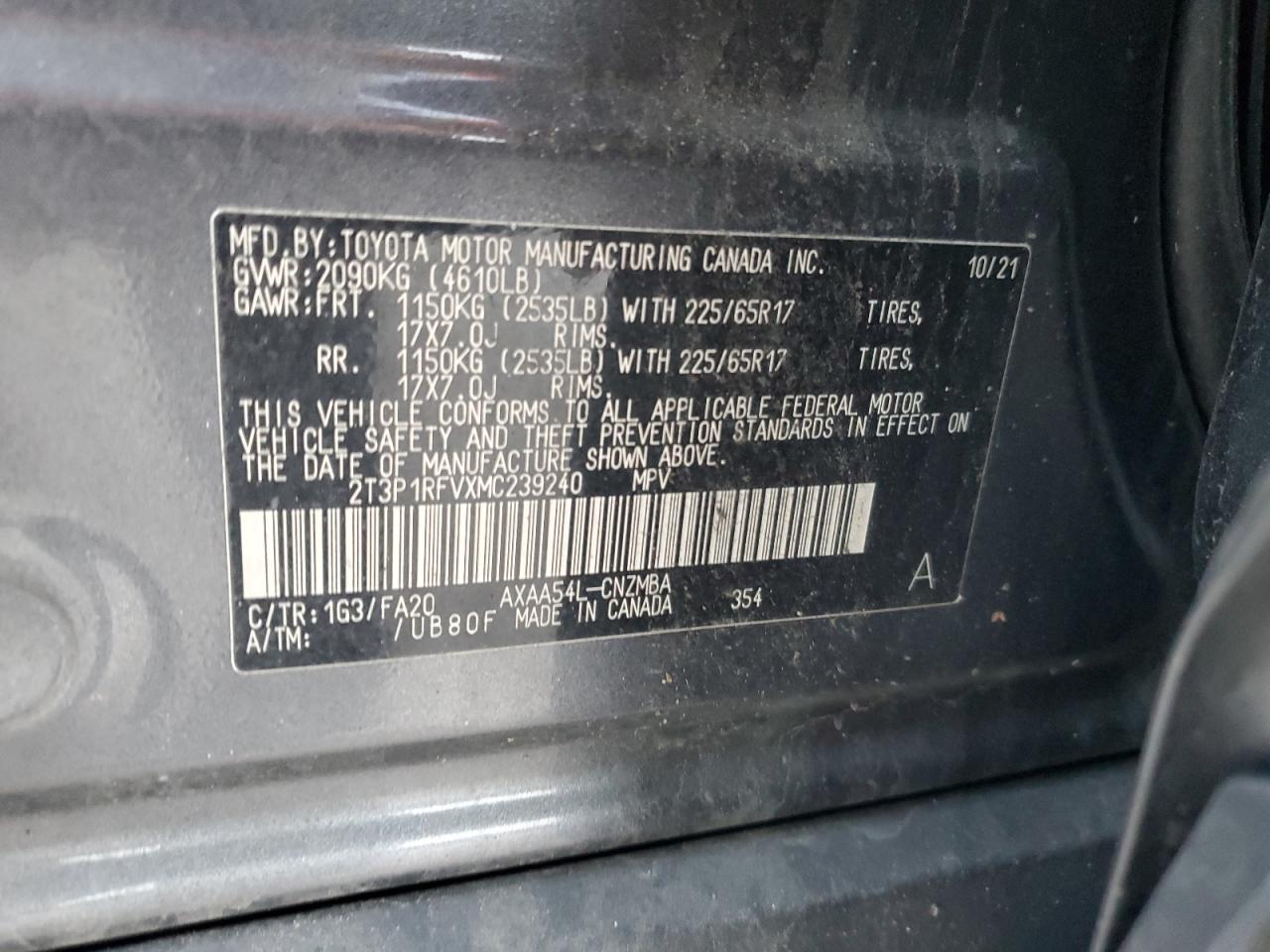 2021 Toyota RAV 4 VIN 2T3P1RFVXMC239240 Copart auction photo, all over damage thumbnail 15