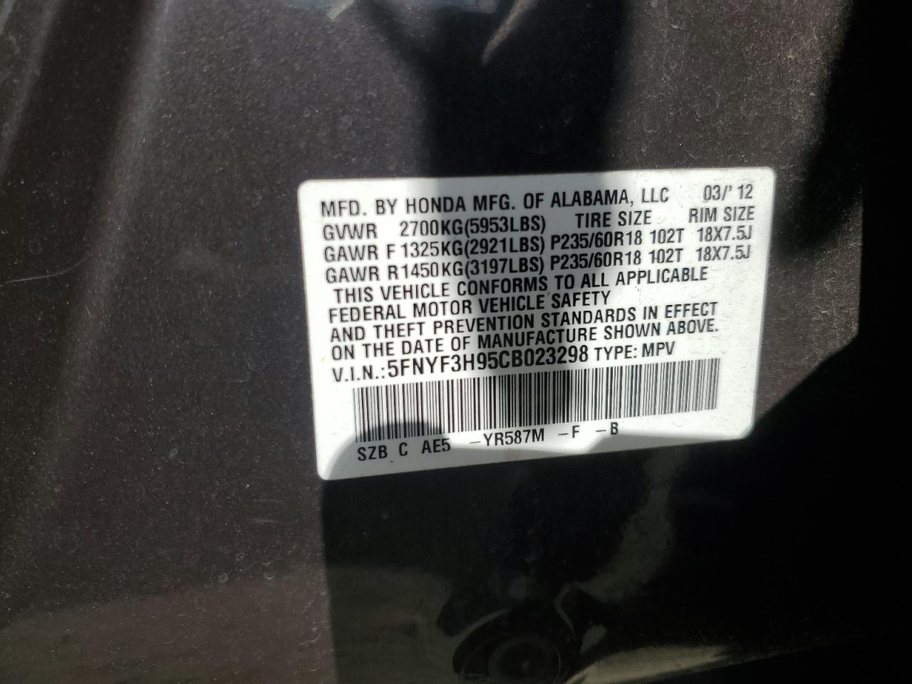 2012 Honda Pilot VIN 5FNYF3H95CB023298 Copart auction photo, frame damage / front end damage thumbnail 12