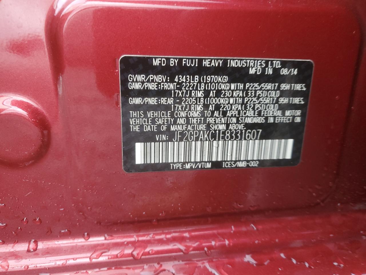 2014 Subaru XV VIN JF2GPAKC1E8331607 Copart auction photo, side / minor dent/scratches damage thumbnail 13