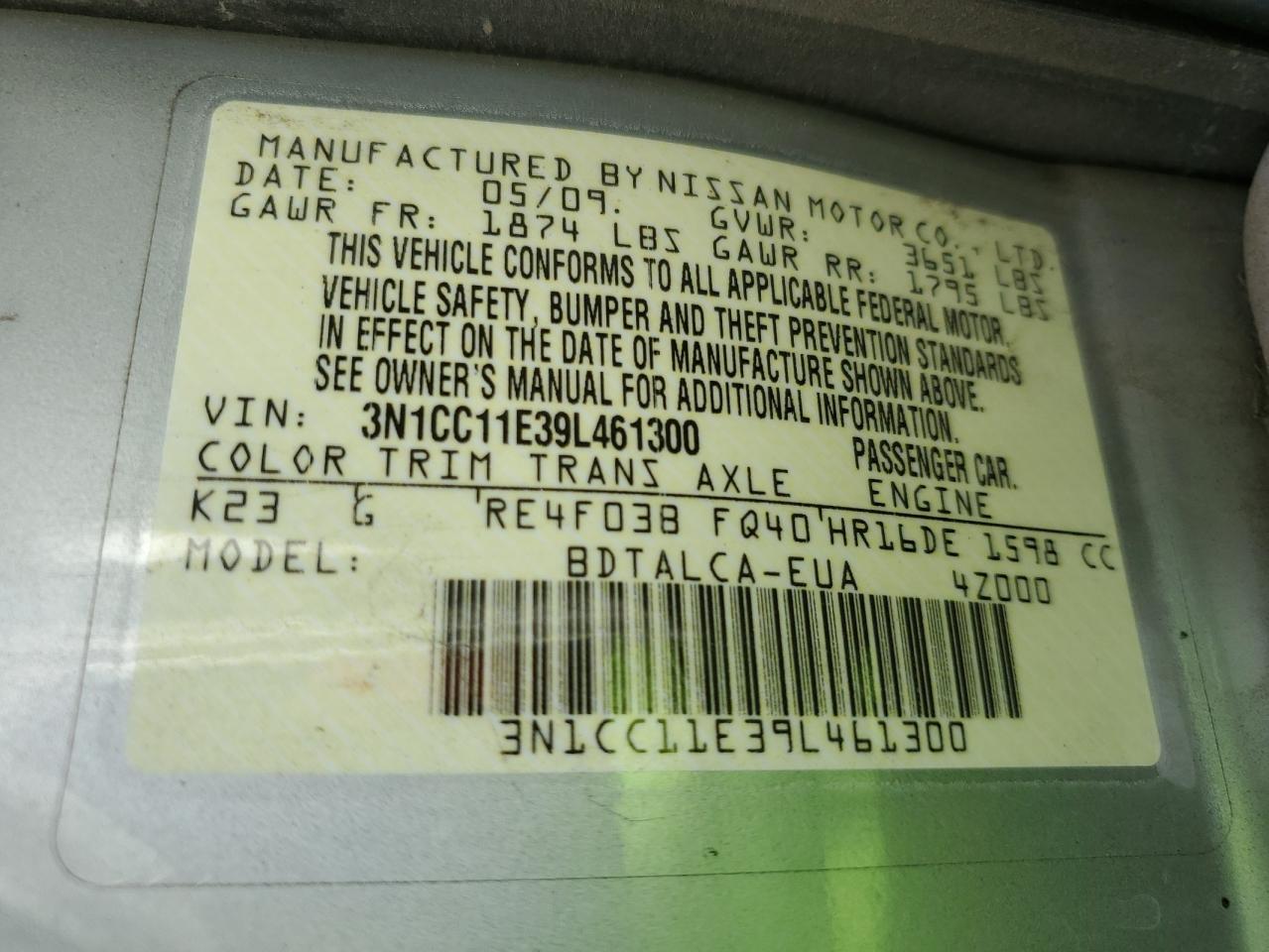 2009 Nissan Versa VIN 3N1CC11E39L461300 Copart auction photo, rear end / side damage thumbnail 12