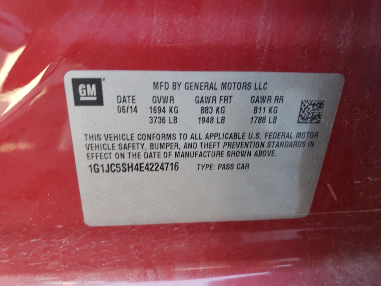 2014 Chevrolet Sonic VIN 1G1JC5SH4E4224716 Copart auction photo, front end damage thumbnail 12