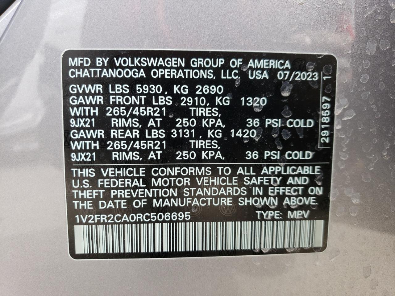 2024 Volkswagen Atlas VIN 1V2FR2CA0RC506695 Copart auction photo, rear end / side damage thumbnail 15