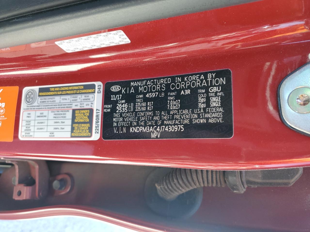 2018 KIA Sportage VIN KNDPM3AC4J7430975 Copart auction photo, front end damage thumbnail 14