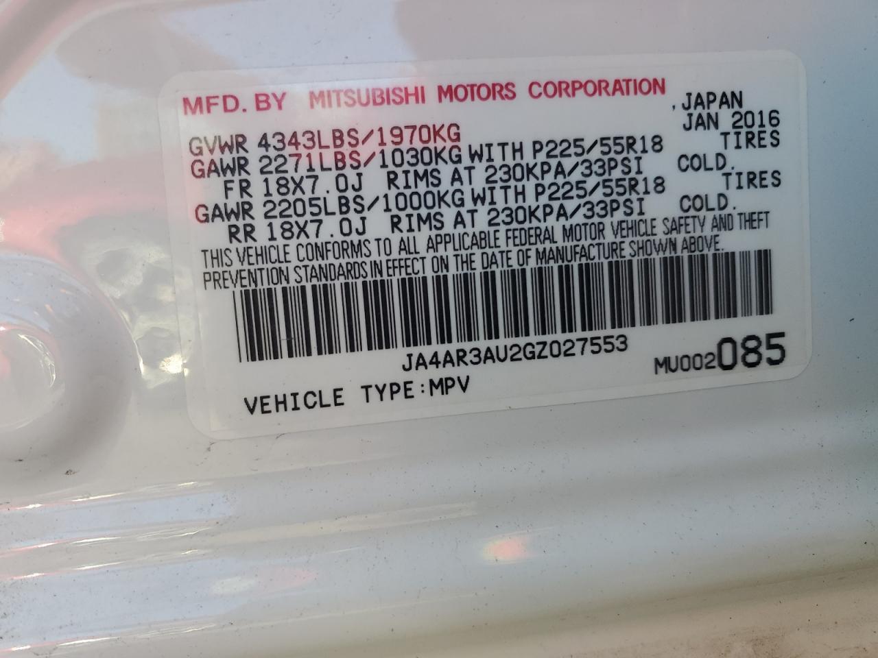 2016 Mitsubishi Outlander VIN JA4AR3AU2GZ027553 Copart auction photo, front end damage thumbnail 14