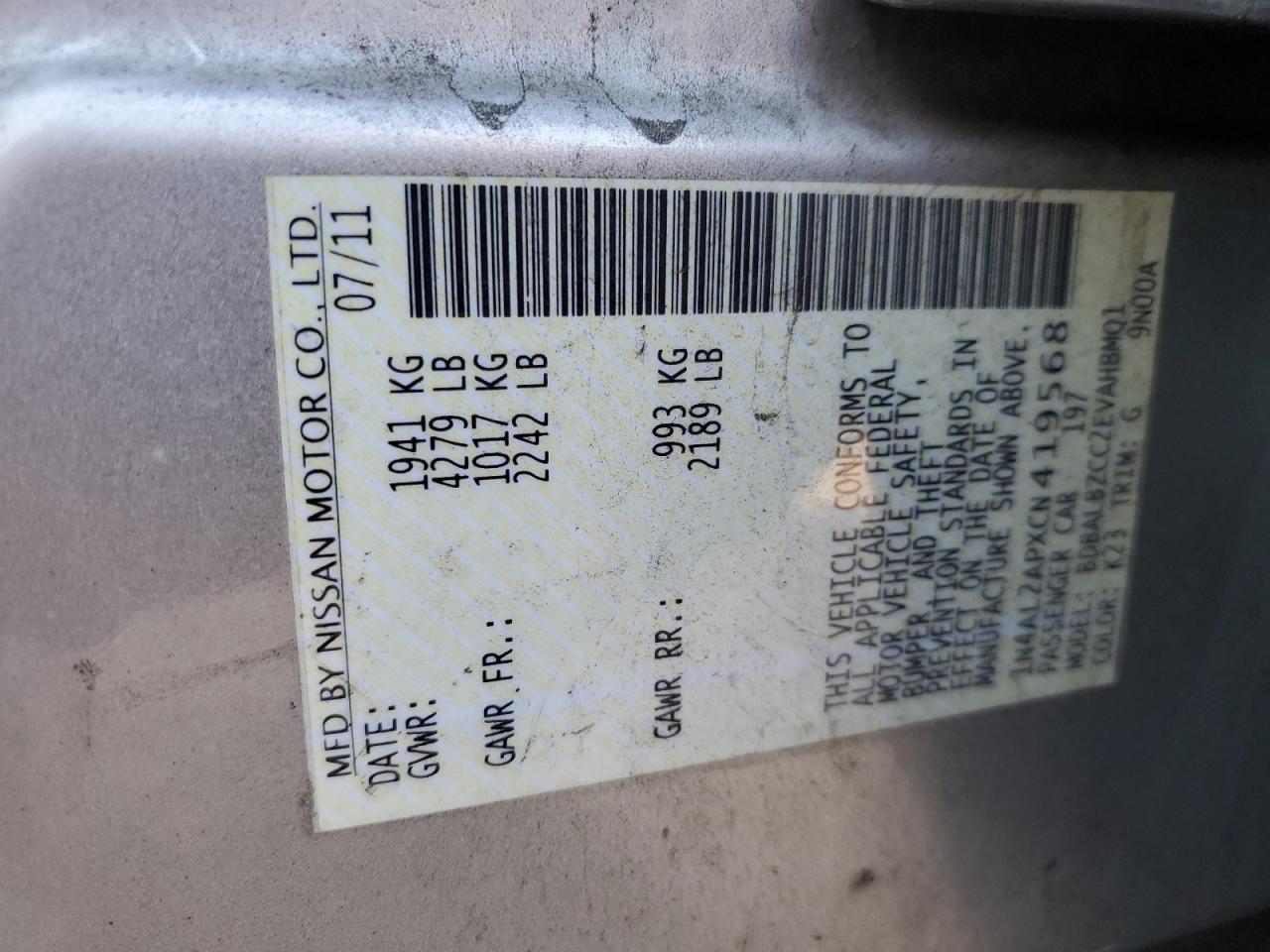 2012 Nissan Altima VIN 1N4AL2APXCN419568 Copart auction photo, front end damage thumbnail 12