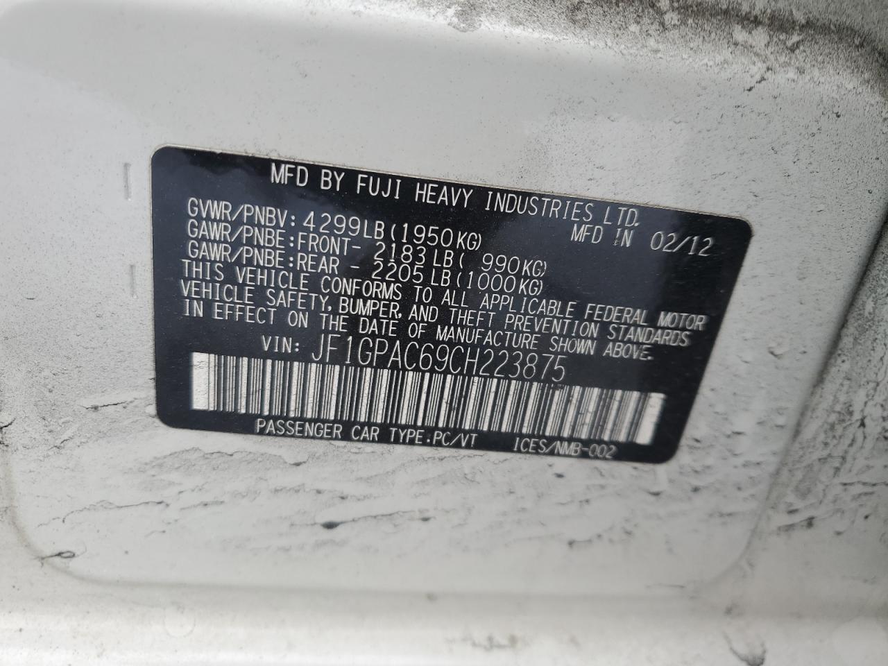2012 Subaru Impreza VIN JF1GPAC69CH223875 Copart auction photo, front end / rear end damage thumbnail 13