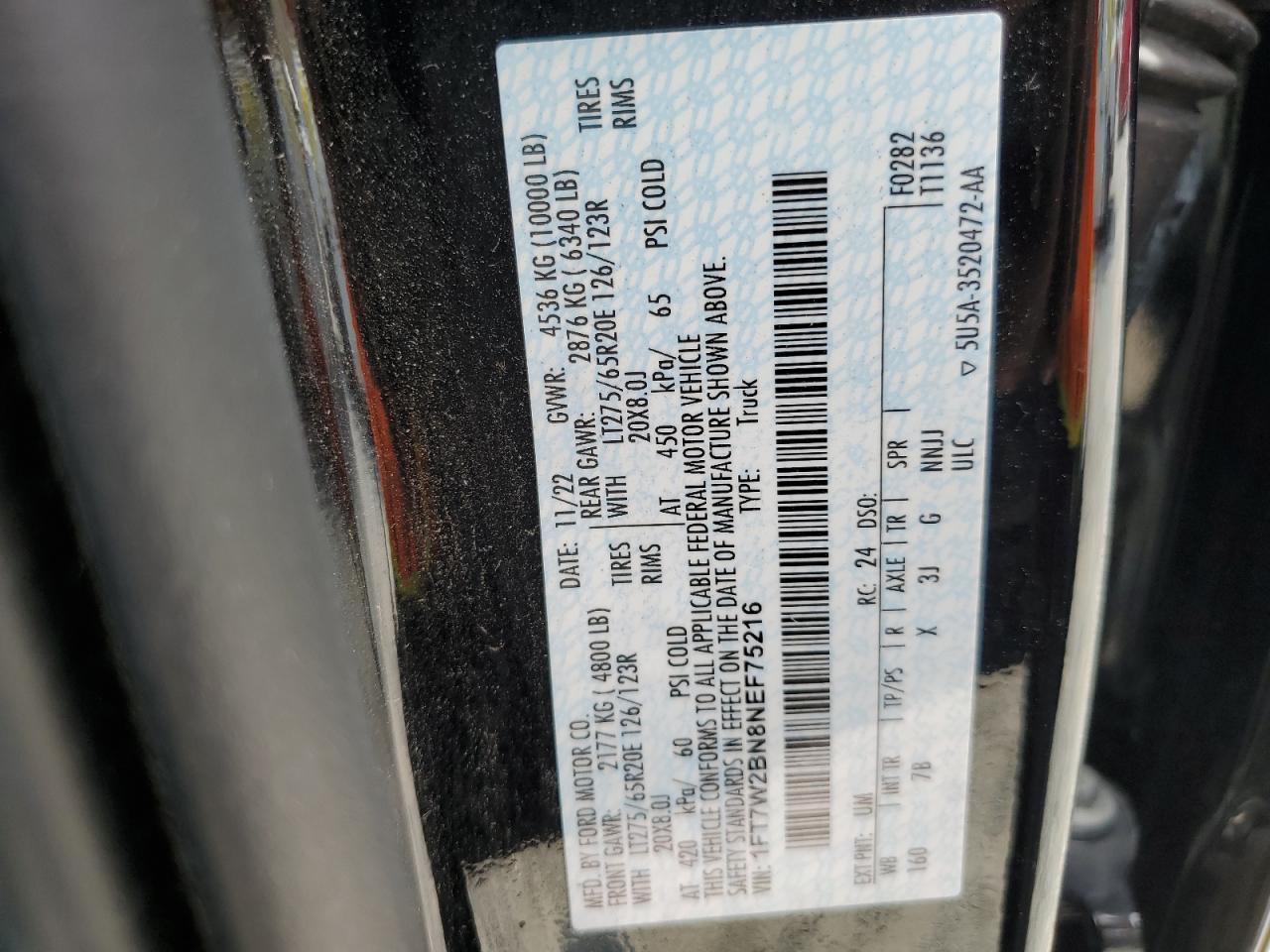 2022 Ford F250 VIN 1FT7W2BN8NEF75216 Copart auction photo, front end damage thumbnail 13