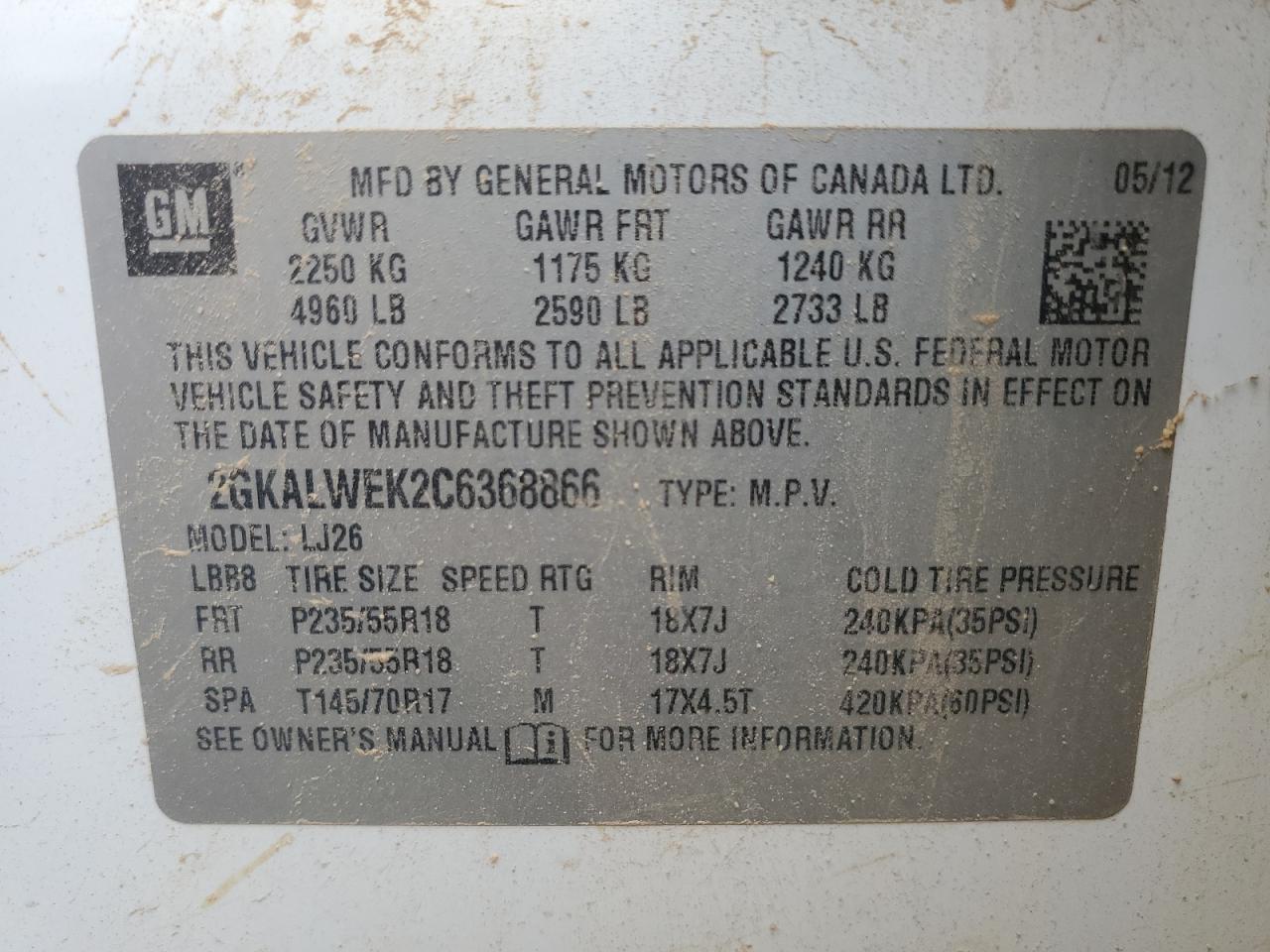 2012 GMC Terrain VIN 2GKALWEK2C6368866 Copart auction photo, front end / side damage thumbnail 13