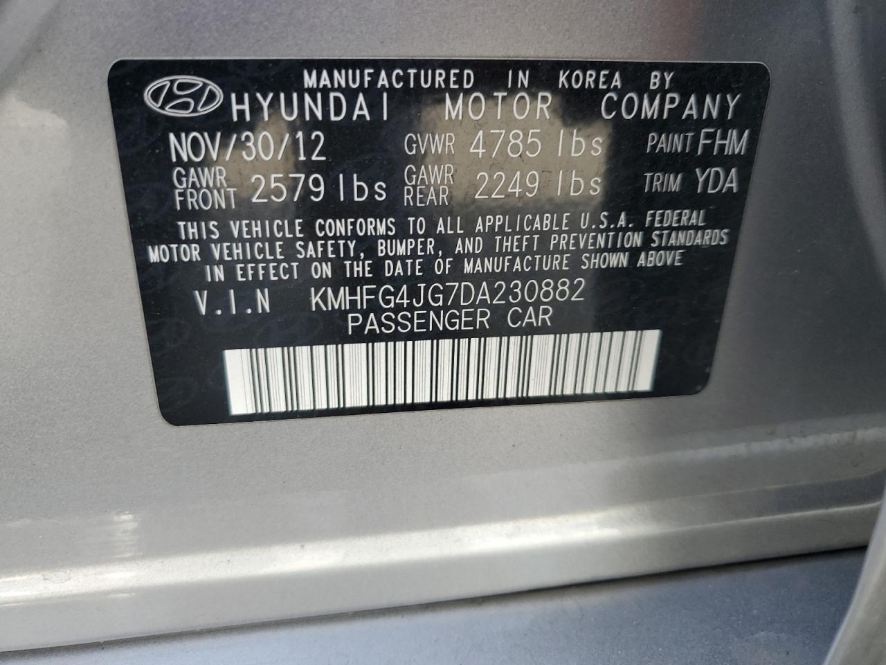 2013 Hyundai Azera VIN KMHFG4JG7DA230882 Copart auction photo, rear end damage thumbnail 12