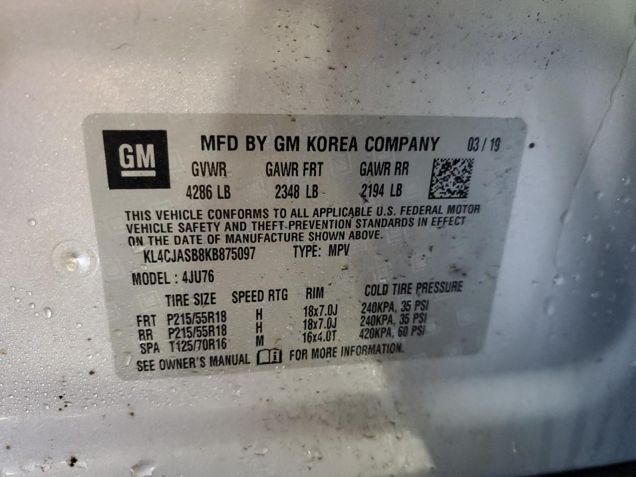 2019 Buick Encore VIN KL4CJASB8KB875097 Copart auction photo, front end / side damage thumbnail 14