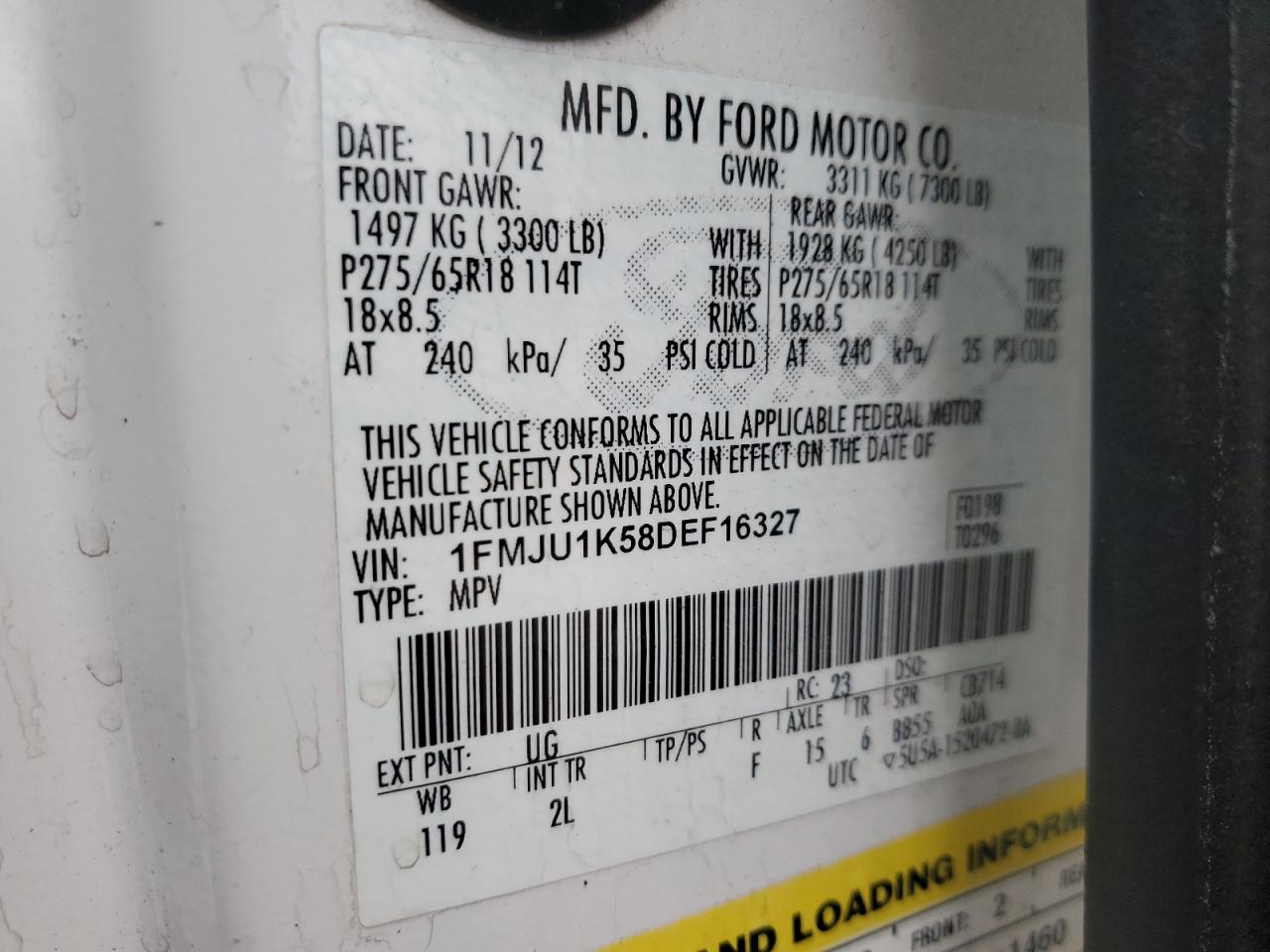 2013 Ford Expedition VIN 1FMJU1K58DEF16327 Copart auction photo, front end / rear end damage thumbnail 13