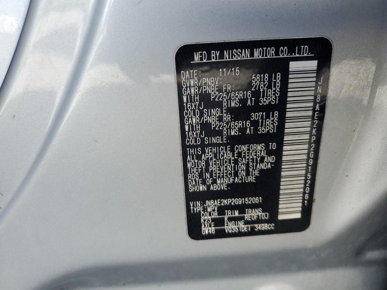 2016 Nissan Quest VIN JN8AE2KP2G9152061 Copart auction photo, rear end damage thumbnail 16