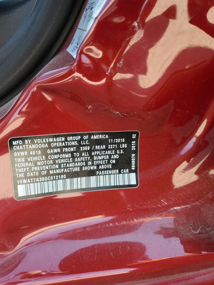 2016 Volkswagen Passat VIN 1VWAT7A38GC012190 Copart auction photo, side / minor dent/scratches damage thumbnail 12