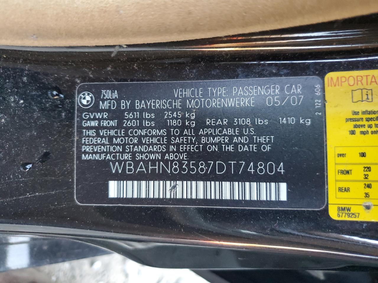 2007 BMW 7er VIN WBAHN83587DT74804 Copart auction photo, all over damage thumbnail 12