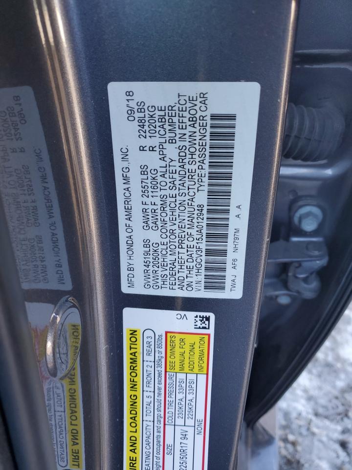 2018 Honda Accord VIN 1HGCV3F15JA012948 Copart auction photo, rear end / side damage thumbnail 12