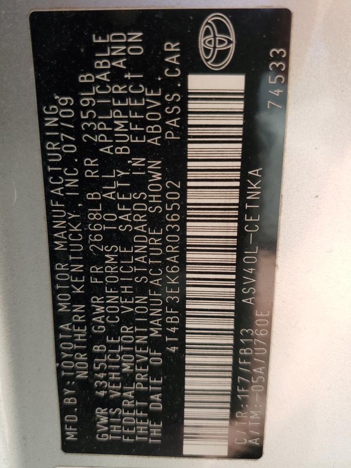 2010 Toyota Camry VIN 4T4BF3EK6AR036502 Copart auction photo, rear end damage thumbnail 14
