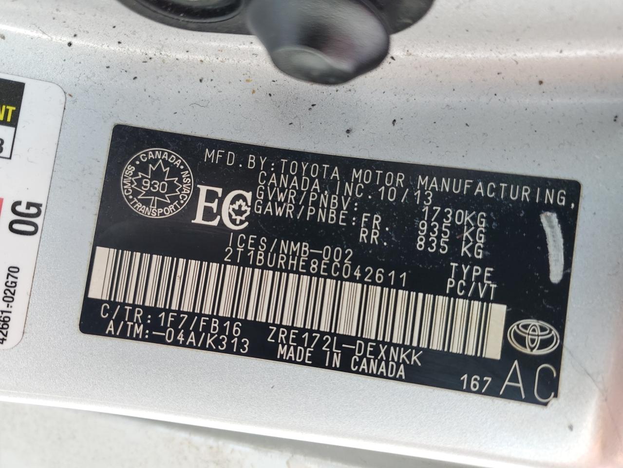 2014 Toyota Corolla VIN 2T1BURHE8EC042611 Copart auction photo, mechanical / front end damage thumbnail 13