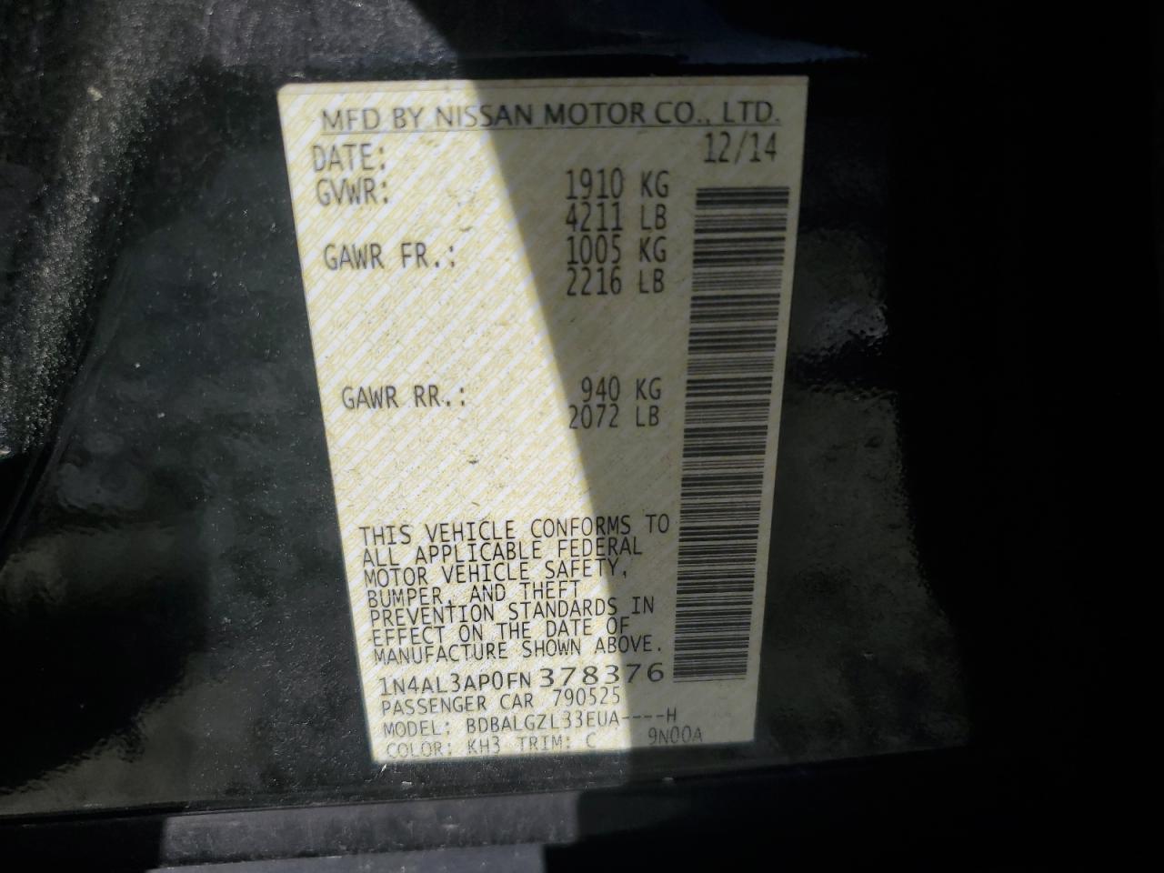 2015 Nissan Altima VIN 1N4AL3AP0FN378376 Copart auction photo, front end damage thumbnail 12