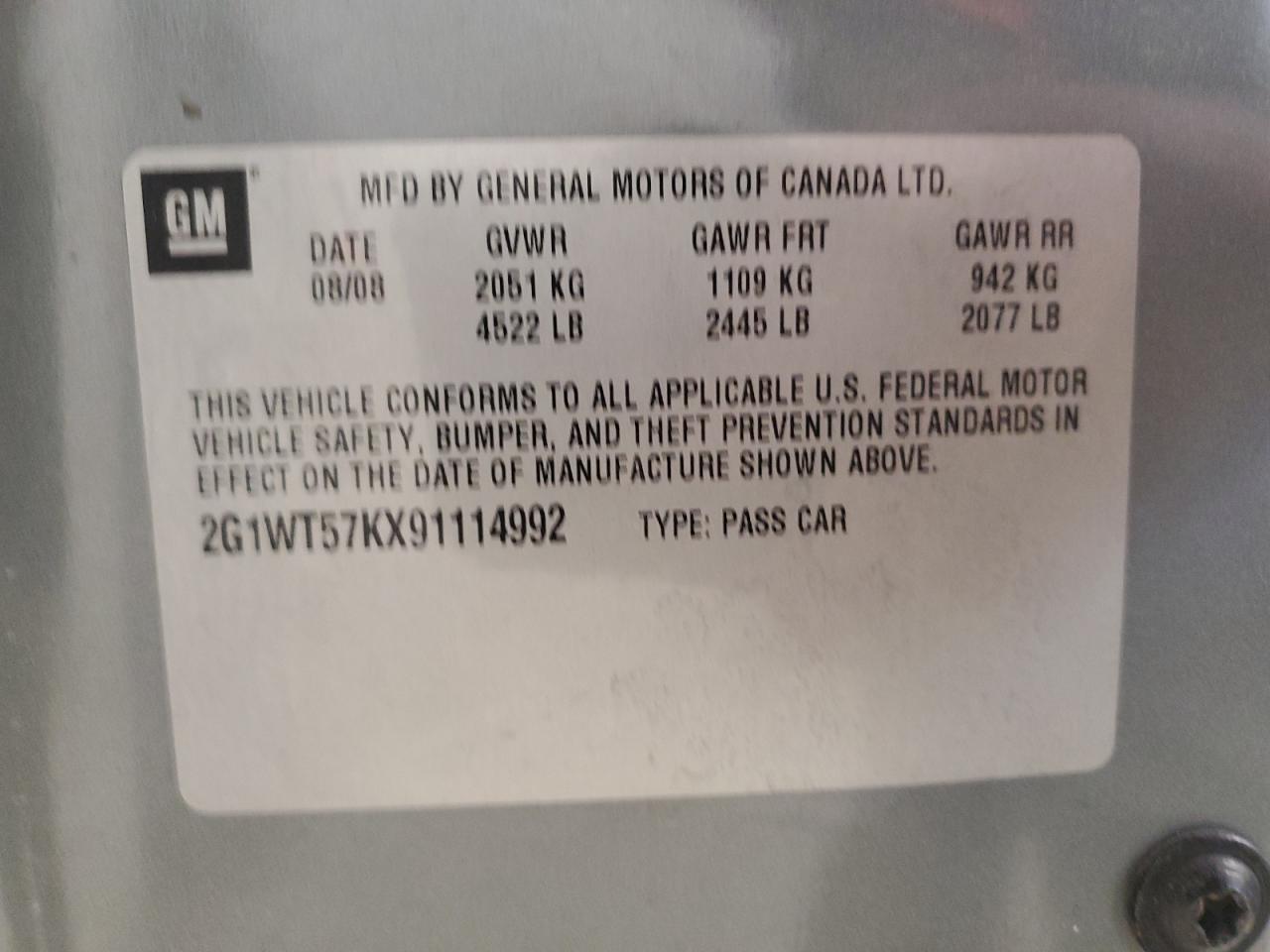2009 Chevrolet Impala VIN 2G1WT57KX91114992 Copart auction photo, front end damage thumbnail 13