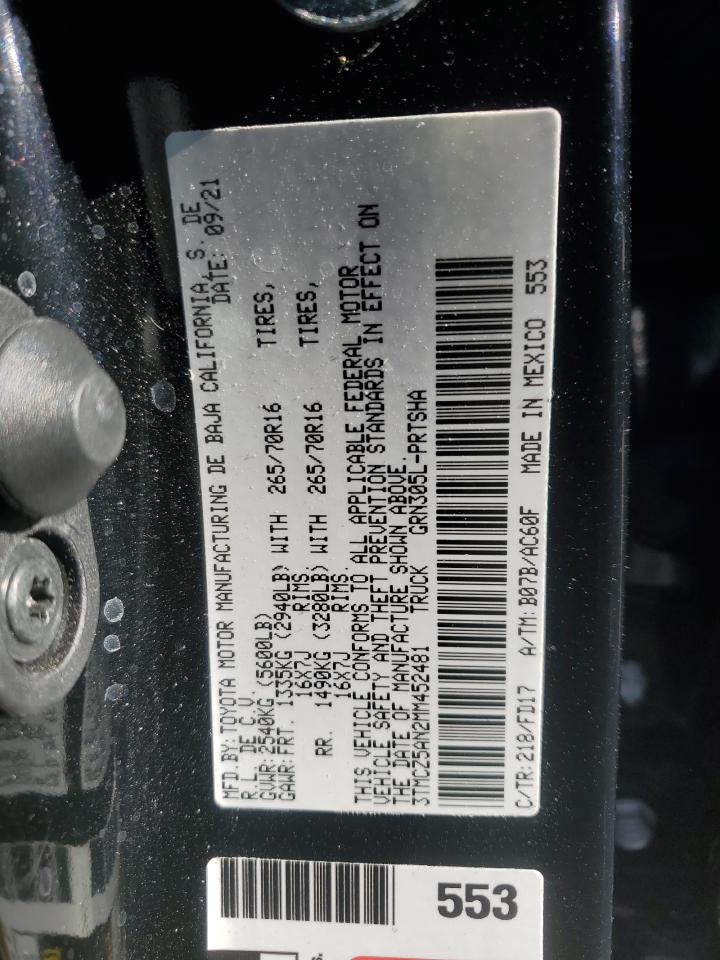 2021 Toyota Tacoma VIN 3TMCZ5AN2MM452481 Copart auction photo, rear end damage thumbnail 12