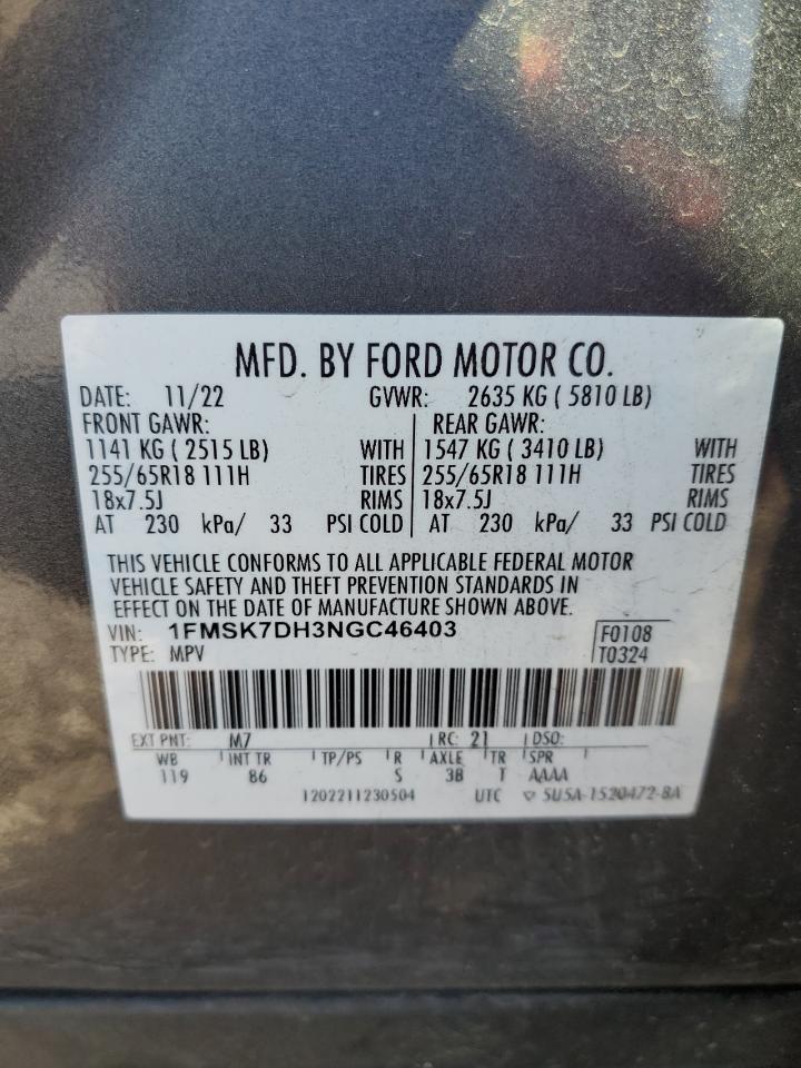 2022 Ford Explorer VIN 1FMSK7DH3NGC46403 Copart auction photo, front end damage thumbnail 13